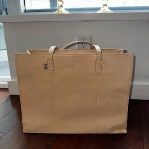 Beige Leather work Tote Bag